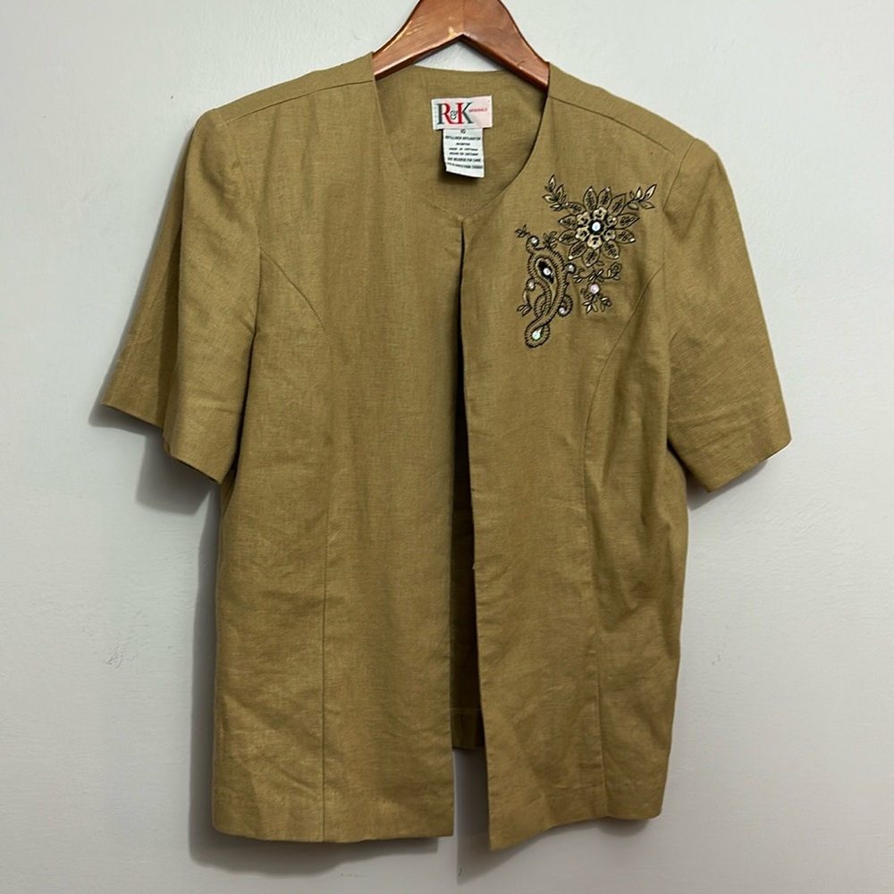 R&K Originals Vintage Linen Blend Open Front Short Sleeve Sequin Top Size 10